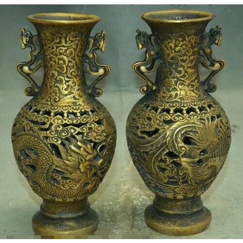 7" Collect Chinese Palace Bronze Copper FengShui Dragon phoenix Bottle Vase Pair