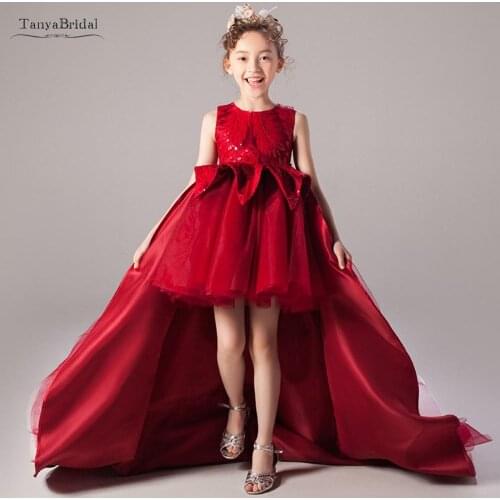 High Low Flower Girl Dresses Girls Pageant Evening Gowns Red For Weddings First Communion Dresses For Girls XF025