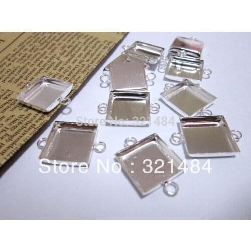 Silver Plated 16mm Cabochon Setting Square Pendant Tray, Bezel Pendant Blank w/ double Loops,Pendant Base
