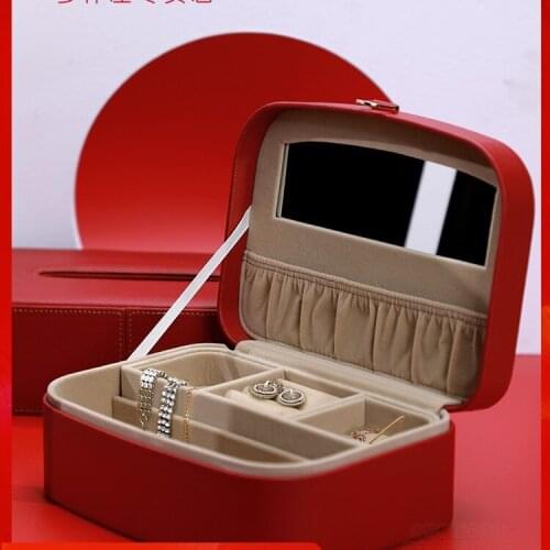 Jewelry Storage Box Leather European-Style High-End Small Exquisite Light Luxury Red Wedding Jewelry Cosmetic Case