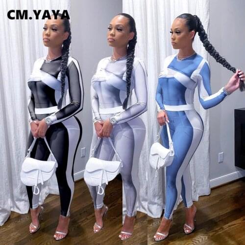 CM.YAYA Patchwork Two 2 Piece Set for Women Fall Winter Fitness Outfits Active Tee Tops + Legging Pants Set Street Tracksuit