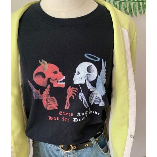 Sunfiz YF New Print T-shirt Chic Harajuku Vintage Kiss Me Short sleeve T Shirt Fashion Angel And Devil Tshirt Women Tops