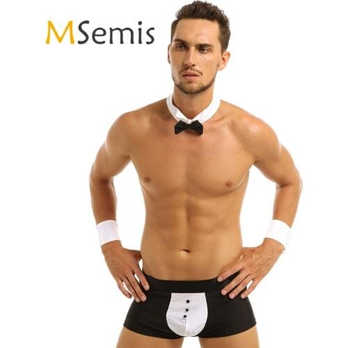 Mens Waiter Tuxedo Lingerie Suit Low Lise stretchy Bulge Pouch Boxer Briefs Underwear with Bow Tie Collar and Bracelets