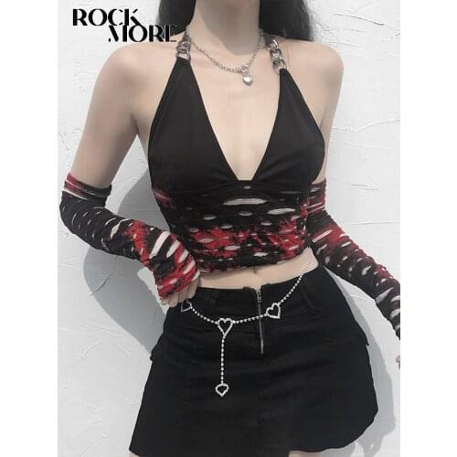Rockmore Fairy Grunge Print Crop Top With Arm Gloves Gothic Dark Academic Vintage Corset Women Streetwear Sexy Halter Camis 2021