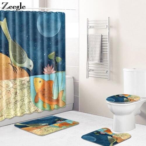 Zeegle 4pcs Bath Mat Set Non-slip Bathroom Doormat Shower Mat Toilet Seat Cover Absoebent Toilet Pedestal Rug Toilet Curtain Set