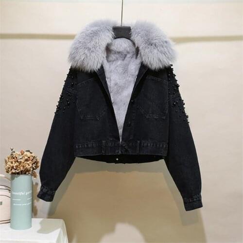 Winter New Short Denim Jacket Women Loose Korean Fashion Beading Buttons Thick Parka Real Fur Collar Fleece Cowboy Coat Female
