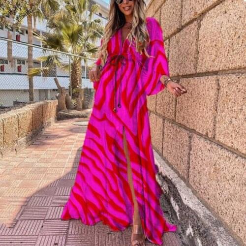 2021 New Summer Sexy V Neck Button Split Party Dress Vintage Printed Lady Boho Maxi Elegant Drawstring Waist Beach Long Dress