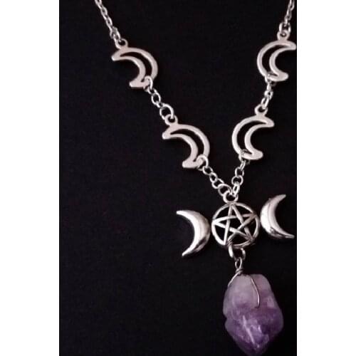 Witch Purple Raw Crystal Moon Chain Necklace Punk Occult Gothic Pendant Pagan BOHO Jewelry Wiccan Women Gift Statement Goth