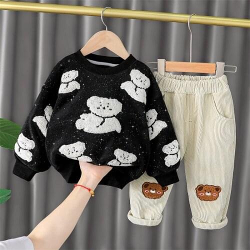 Winter Baby Girls Boys Clothing Sets Infant Clothes Children Cartoon Bear Thicken Plush Sweater Pants Outdoor Kids Sportswear