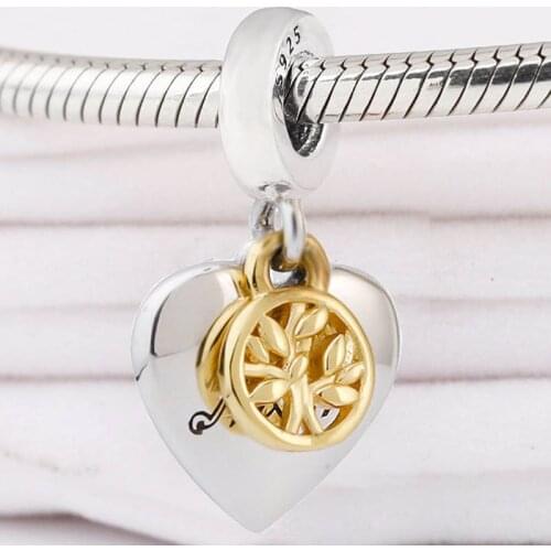 Original Two Tone Family Tree & Heart Pendant Beads Fit 925 Sterling Silver Charm Pandora Bracelet Bangle Diy Jewelry