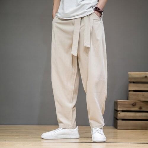 Spring Cotton Linen Pants Men Elastic Waist Casual Harem Pant Loose Sweatpants Traditional Chinese Trousers Male Harajuku