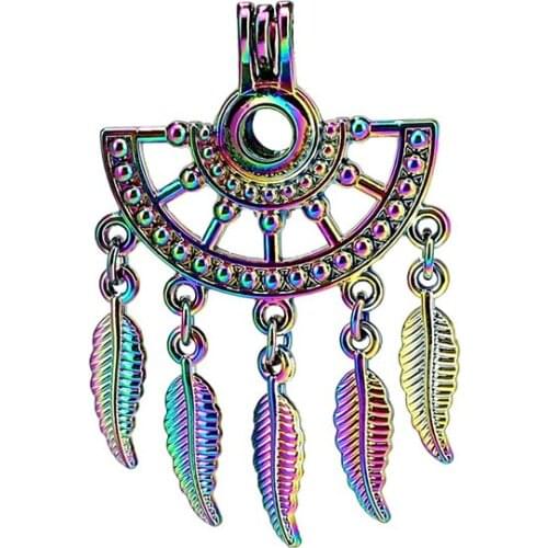 C1014 5pcs/lot Rainbow Color Fan Shapes Filigree Bohemian Leaf Bead Pearl Cage Locket Pendant Pearl Locket Fairytale Party