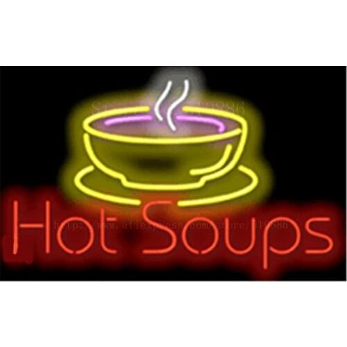 Hot Soups with Soup Bowl neon sign Handcrafted Light Bar Beer Pub Club signs Business Signboard diet food diner break 17"x14"