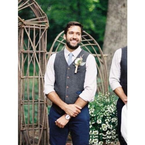 Country Wedding Gray Wool Herringbone Tweed Vests Custom Made Groom Vest Slim Fit Mens Suit Vest Prom Wedding Waistcoat Plus Siz