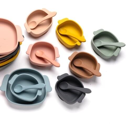 Hot sales 100%Food Grade Safe Silicone spoon kawaii dog ear cartoon bowl plate set silicone baby bowl set