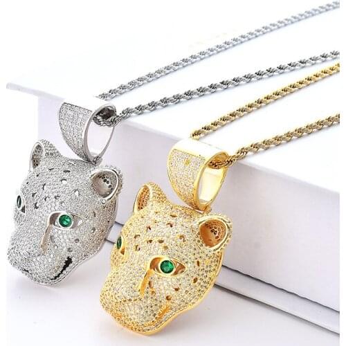 Iced Out Bling Leopard Head Pendant Necklace 2 Colors Micro Pave Zircon Mens Necklace Fashion Hip Hop Jewelry