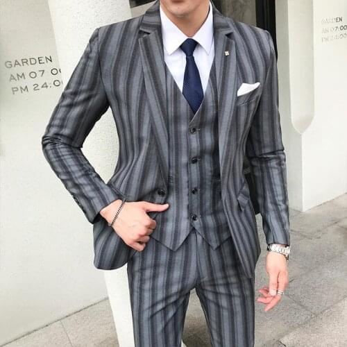 Asian size 2021 Latest Brand Mens Fashion Jujube red Stripe Blazer 3 pcs Groom Wedding Mens Suit smart Casual formal for mens