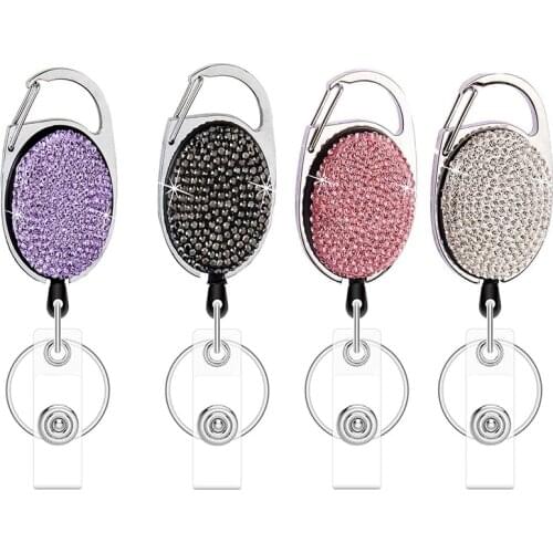 Retractable Badge Holders with Bling Rhinestones Crystal, Badge Reel with Belt Clip and Key Ring