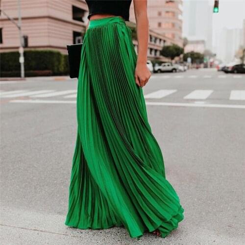 High Waist Womens Maxi Skirts Pleated Chiffon Floor Length Solid Long Skirt Ladies 2020 Loose Green Black Pink Bottoms Female