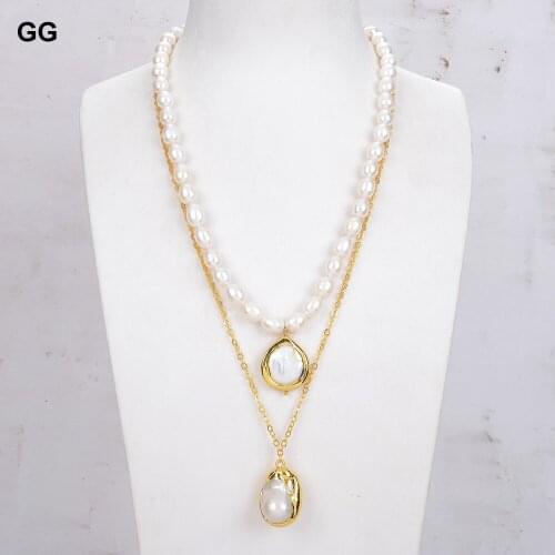 GuaiGuai Jewelry 19'' White Cultured Rice Pearl Chain Necklace White Keshi Pearl Pendant