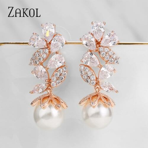 ZAKOL New Design Leaf Shape Cubic Zirconia Pearl Dangle Earring for Elegant Women Bridal Wedding Party Jewelry FSEP5021