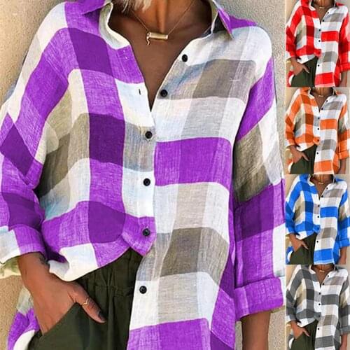 Women Turn Down Collar Check Plaid Buttons Shirt Top Long Sleeve Loose Blouse New Fashion Women Blouses Casual Tops Elegant Work