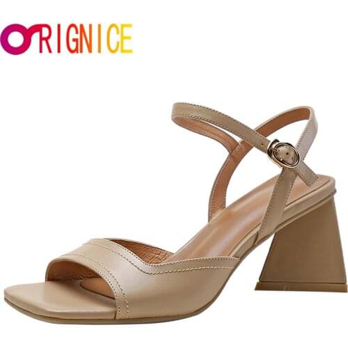 Orignice Designer Elegant Sexy Women Summer Sandals Special Thick High Heel Peep Toe Genuine Leather Buckle Office Lady Shoes