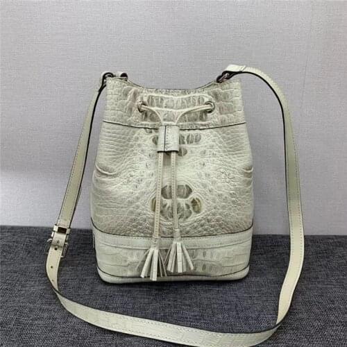 Authentic Alligator Leather Women Small Bucket Purse Genuine Real True Crocodile Skin Lady Tassel Bag Female Cross Shoulder Bag