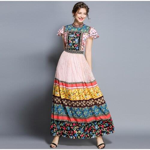 2020 Summer Women Lace Splicing Long Dress Floral Printed Short Sleeve Ladies Dresses Big Swing Holiday Maxi Dresses dress