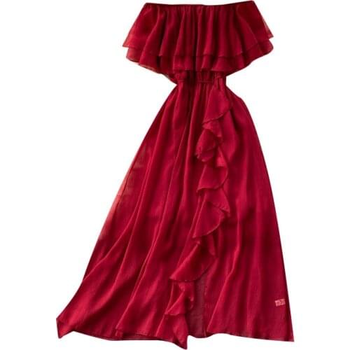 New Summer Women Sexy Slash Neck Off Shoulder Beach Vacation Dress Sweet Ruffles Split Hem Solid Color Chiffon Long Dress