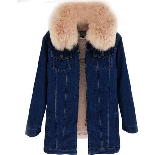 Winter denim jacket loose pie over fur, casual fox fur collar mid-length jacket, detachable lining, ladies overcoming