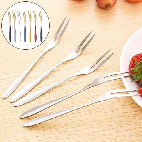 1pc Stainless Steel Two-tine Fork Fruit Fork Tableware Multiple Use Portable Snack Cake Dessert Forks Cafeteria Home Flatware