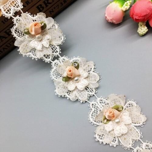1 yard Vintage Pearl Beaded Flower Embroidered Lace Trim Ribbon Floral Applique Patches Wedding Dress Fabric Sewing Craft