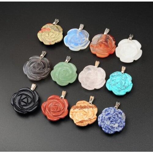 24PCS 33*33mm Agates Natural Stone Pendants Rose Shape Pendant Necklace Pendulum For Girls Women Gift Jewelry Accessory
