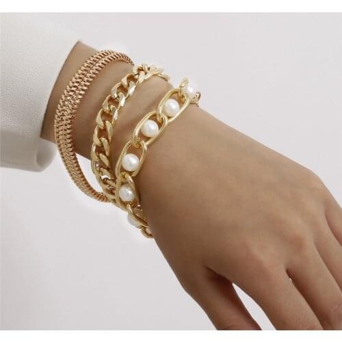 3Pcs/Lot Punk Thick Bracelet Bangle Chunky Heavy Metal Imitation Pearl Bracelet Wrist Chain Jewelry
