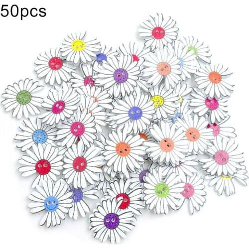 50Pcs 24mm Marguerite Shape Mixed Color 2 Holes Painting Wooden Buttons DIY Craft Clothes Buttons Sewing Scrapbooking Decor