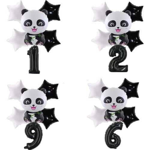 6pcs Cartoon Panda Foil Balloons 32inch Black Number And 18inch Star Ballons Birthday Party Decorations Kids Baby Shower Toys