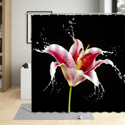 Floral Theme Black Shower Curtain Creative Rose Lily Flower Print Fabric Waterproof Bathroom Curtains Gift Home Decor With Hooks