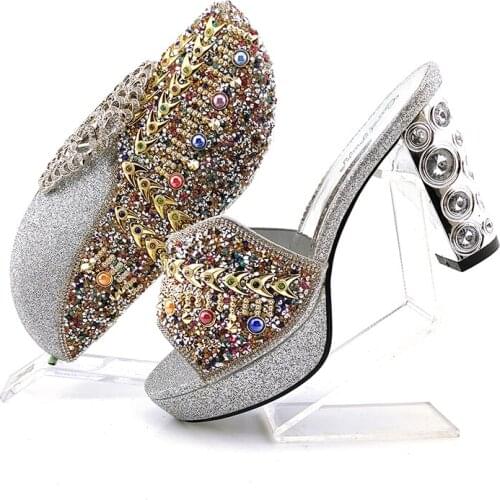 Doershow beautiful Shoes and Bag Set African Sets 2020 silver Color Italian Shoe Bag Set Decorated with Rhinestone! SJU1-23