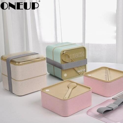 ONEUP Wheat Double Layer Lunch Box Large Capacity Microwave Oven Lunch Bento Boxes Dinnerware Box 2020 Plastic Food Container