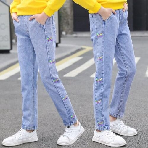 Spring Autumn Children Jeans For Teen Girls Butterfly Print Trousers Skinny Pencil Pants Casual Style Teenagers Clothes 4-14Yrs