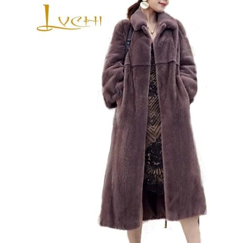 LVCHI Winter 2019 Import Real Mink Fur Coats Womens Long Sleeve Pure Color Coat Full Pelt Causal Solid Causal Slim Mink Coats