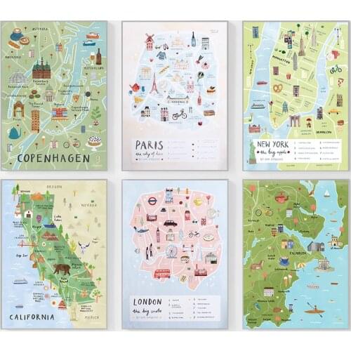 World City Map California London Paris Stockholm Wall Art Canvas Poster Prints Nordic Style Paintings Picture for Living Room