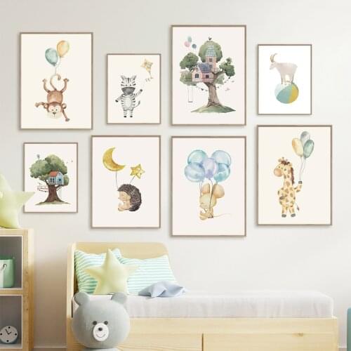 Cartoon Balloon House Mouse Monkey Giraffe Zebra Wall Art Canvas Painting Nordic Poster And Prints Wall Pictures Kids Room Decor