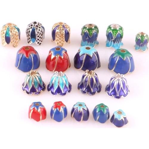 6pcs Enamel End Caps Charms Zinc Alloy Metal Bead Caps Cloisonne Bead Caps Copper Plated Flower Beads For Jewelry Findings