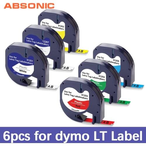 Absonic Mixed Color 91201 12mm Compatible Dymo LetraTag Label Tapes 12267 91200 91202 91203 91204 91205 for Dymo LT-100H Printer