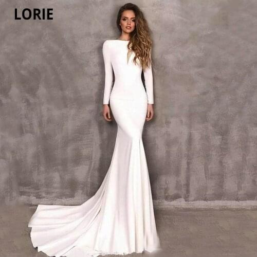 LORIE Simple Muslim Wedding Dresses with Long Sleeve 2021 White Soft Satin Bride Gowns Open Back Princess Wedding Gown Plus Size