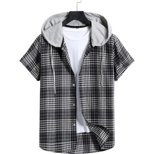 2021 Summer New Style Mens Casual Checkered Short-sleeved Hooded Shirts