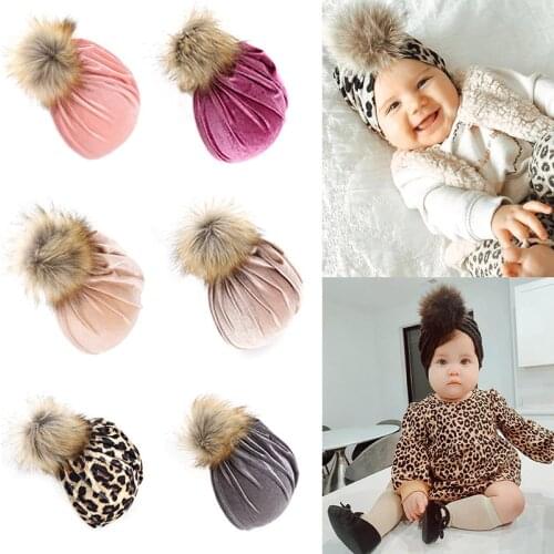 2021 New Pompom Baby Hat Soft Velvet Baby Boys Girls Hat Turban Autumn Leopard Newborn Cap Beanies Infant Toddler Caps