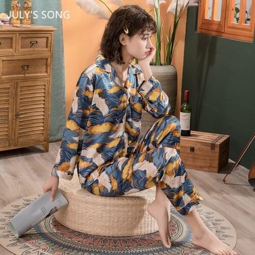 JULYS SONG Woman Crane Pajamas Set Faux Silk Spring Autumn Sleepwear Retro Printing Long-sleeved Trousers Suit Homewear